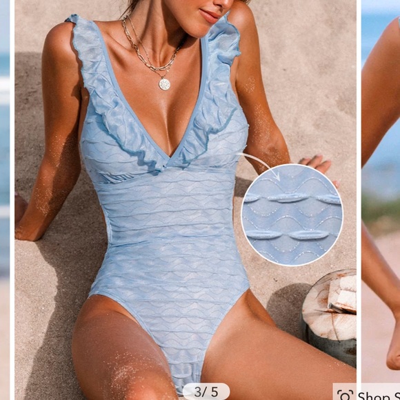 Light Blue Ruffled Plunging One-Piece - Picture 4 of 6
